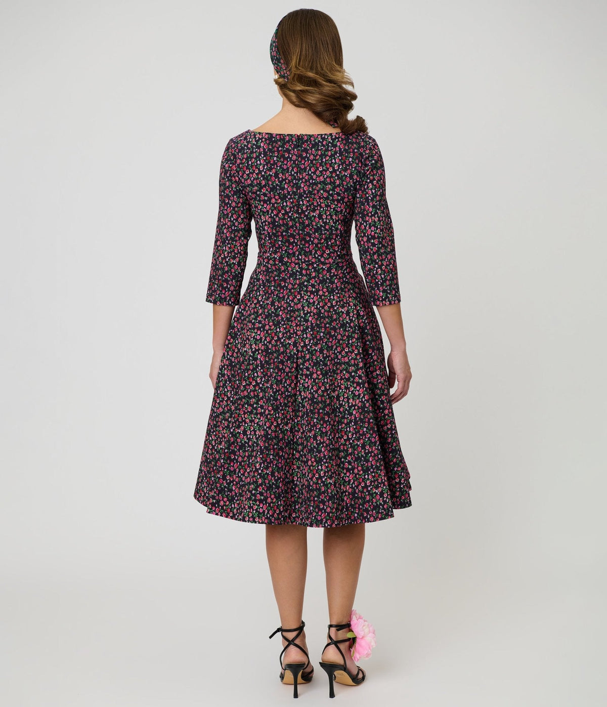 Unique Vintage Black Ditzy Rose Pleated Bust Swing Dress