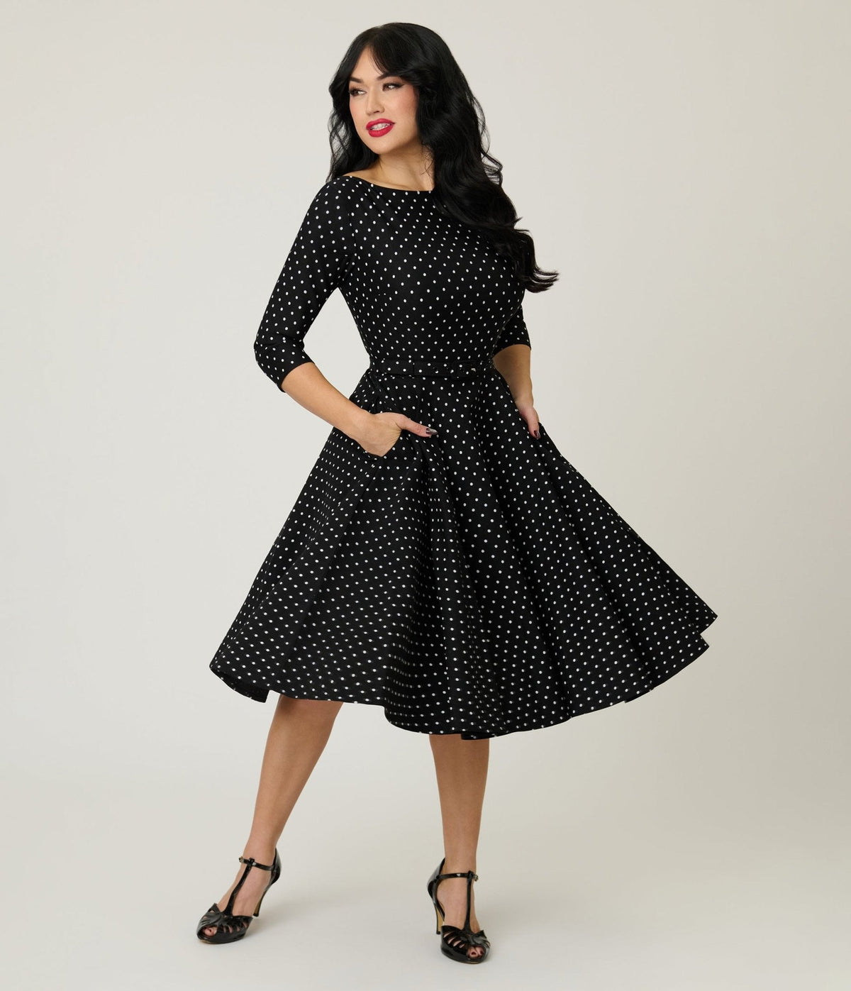 Unique Vintage Black & White Pin Dot Devon Swing Dress