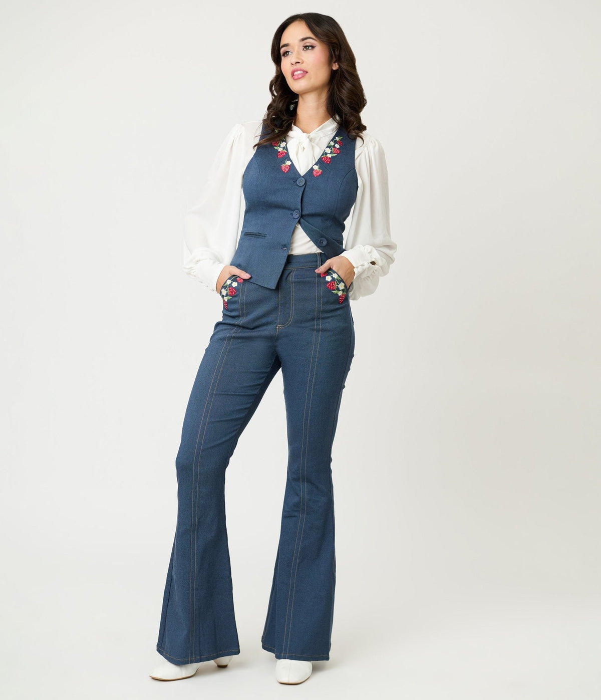Unique Vintage Denim Strawberry Embroidered Flare Pants