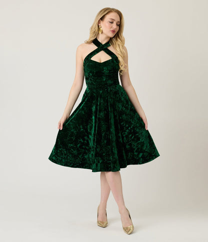 Unique Vintage Emerald Velvet Criss Cross Halter Rita Flare Dress