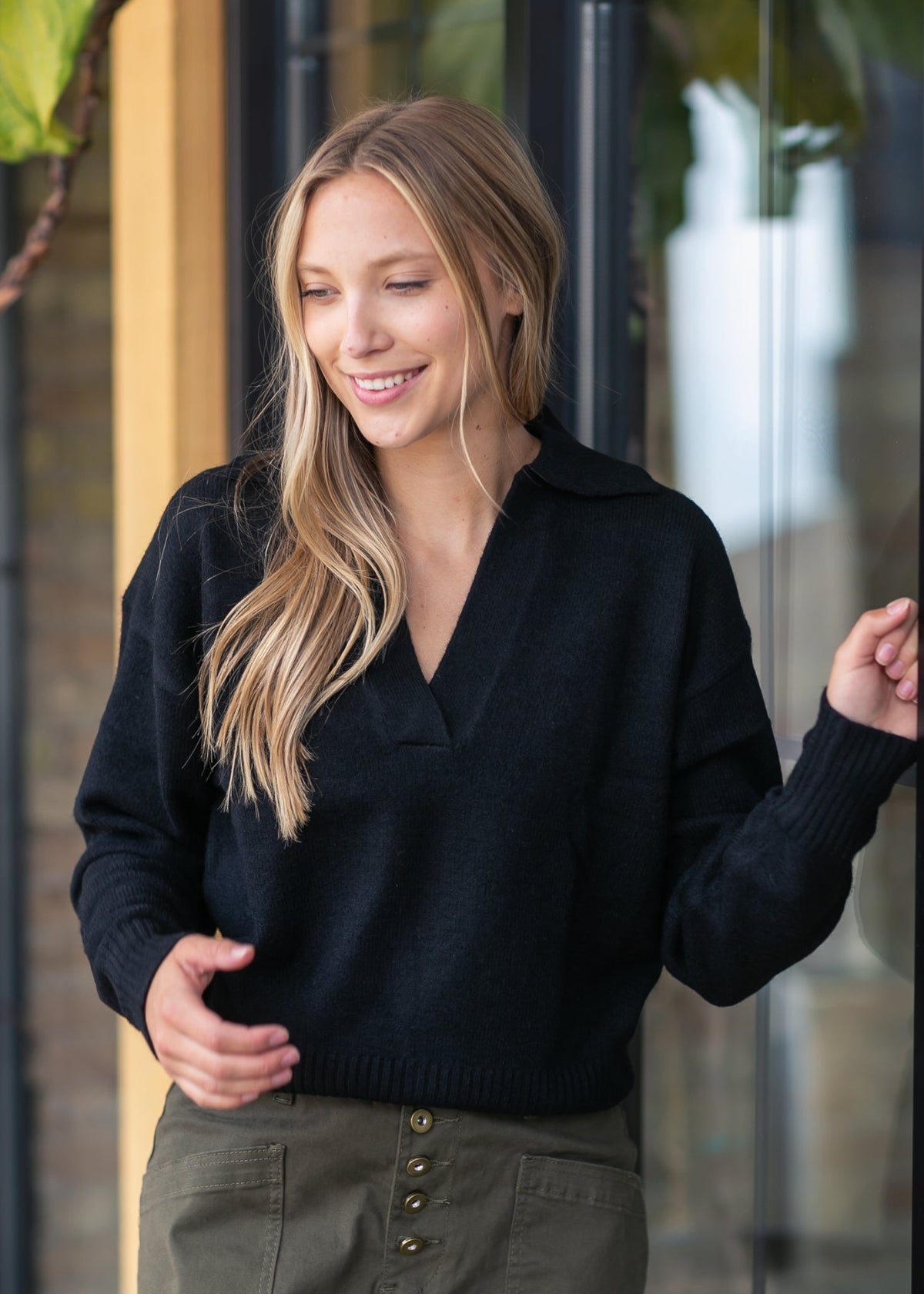 elan V-neck Collared Black Sweater - FINAL SALE