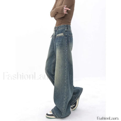 Vintage Blue Wash Trendy Patchwork Boyfriend Jeans
