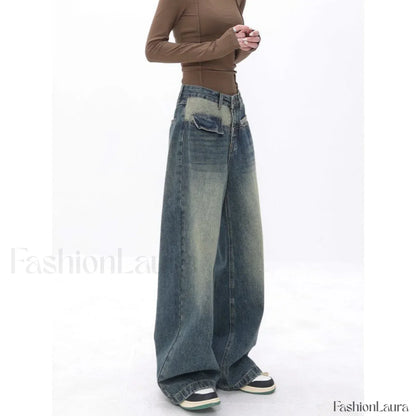 Vintage Blue Wash Trendy Patchwork Boyfriend Jeans