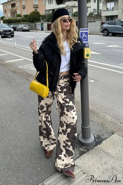 Vintage Cow Print Elegant Straight-Leg Jeans