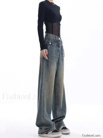 Vintage Dark Wash Trendy High Waist Boyfriend Jeans