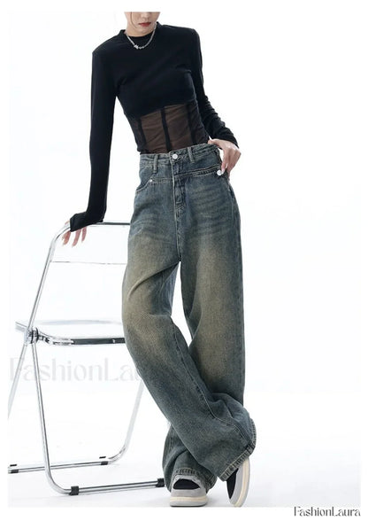 Vintage Dark Wash Trendy High Waist Boyfriend Jeans