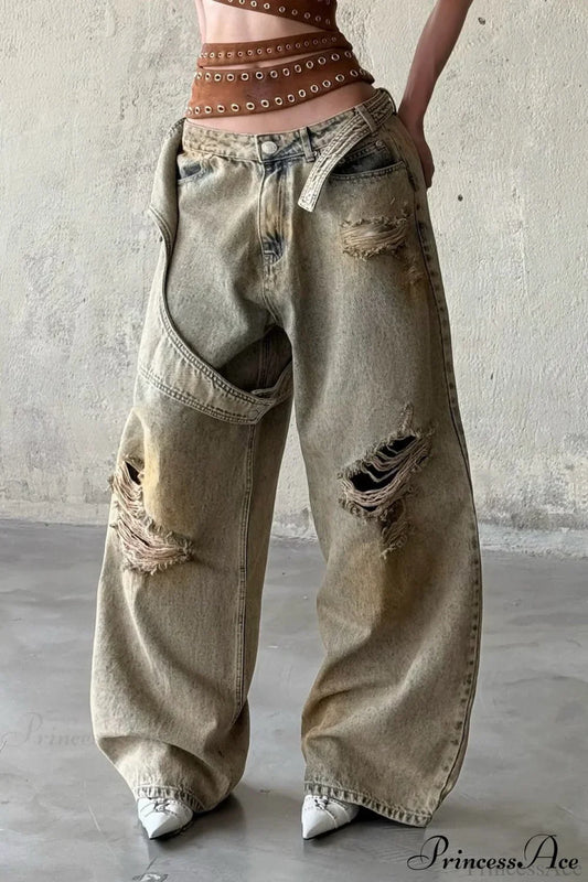 Vintage Distressed Loose Floor Length Jeans
