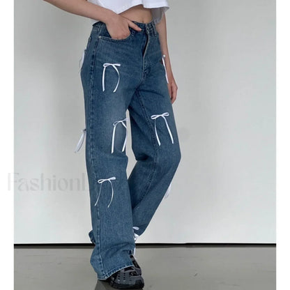 Vintage High Waist Trendy Bow Wide Leg Jeans