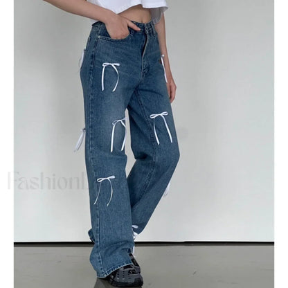 Vintage High Waist Trendy Bow Wide Leg Jeans