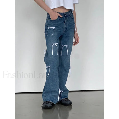 Vintage High Waist Trendy Bow Wide Leg Jeans