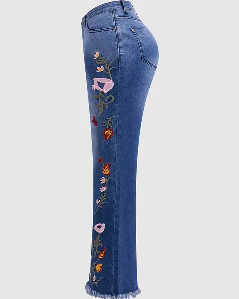 High-Stretch Embroidered Flared Jeans