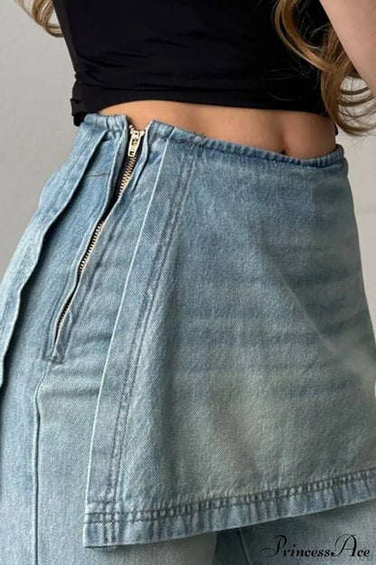 Washed Denim High Waisted Irregular Wide Leg Jeans