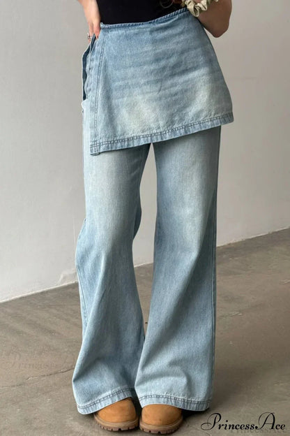 Washed Denim High Waisted Irregular Wide Leg Jeans