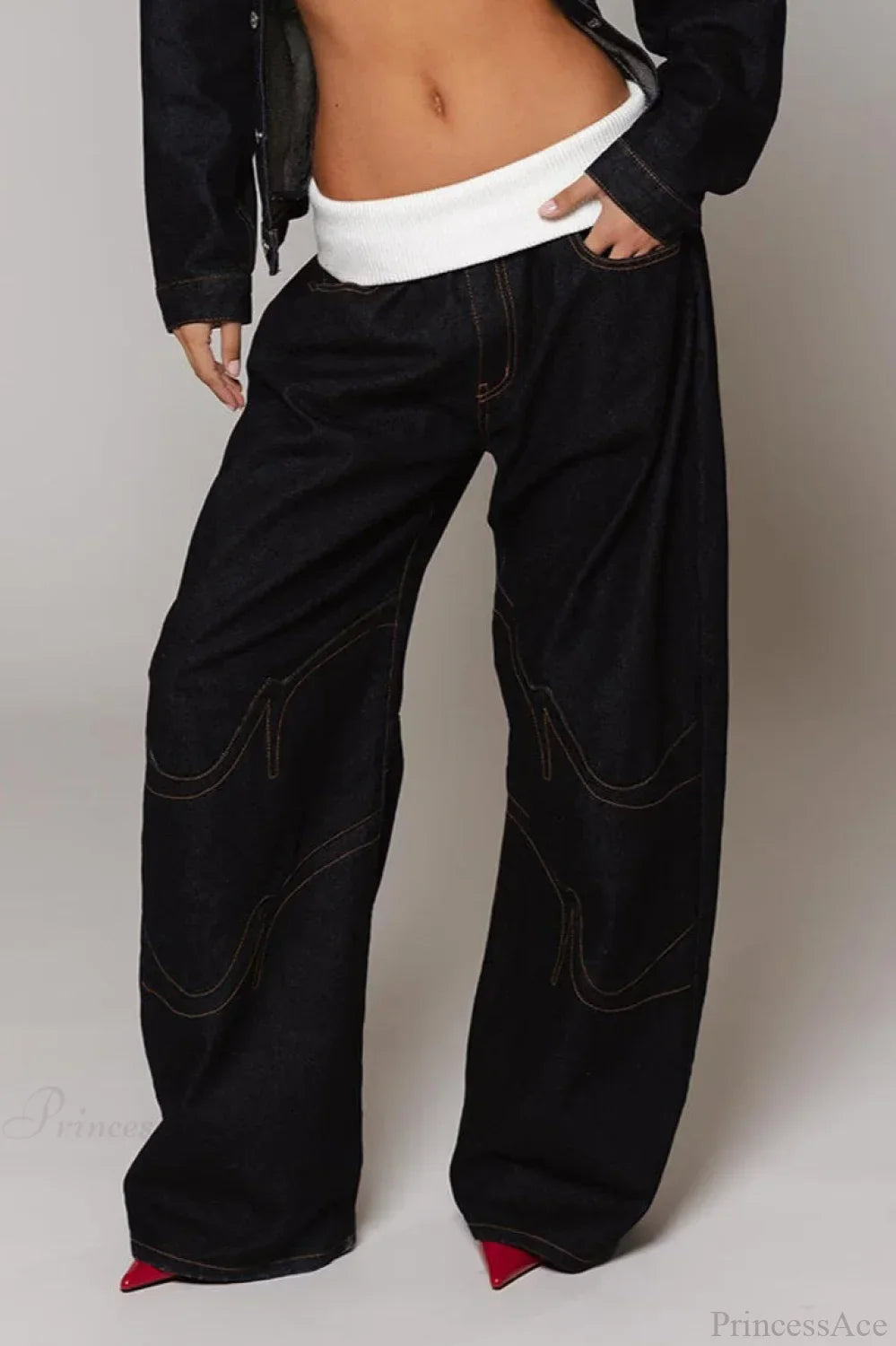 Washed Distressed Sporty Waist Wide Leg Jeans