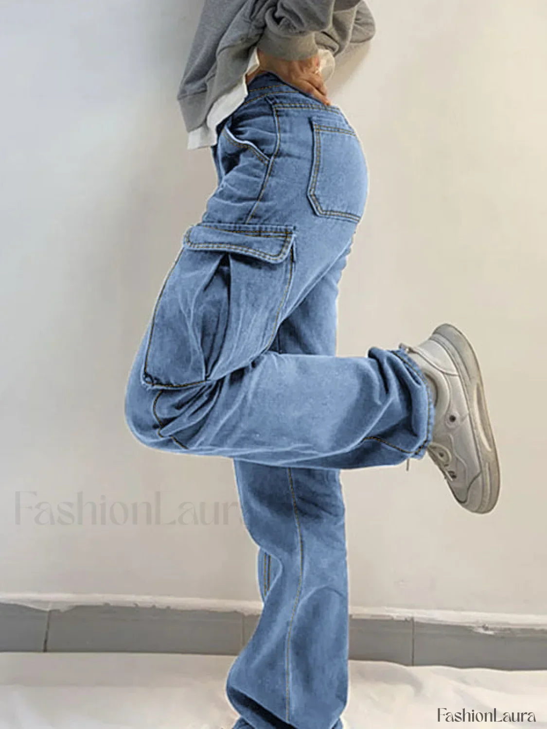Washed Mid Waist Pocket Cargo Jeans