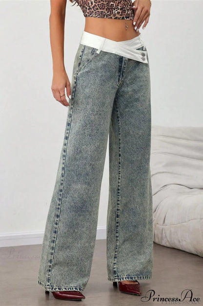 Washed Waist Panel Loose Wide Leg Versatile Jeans