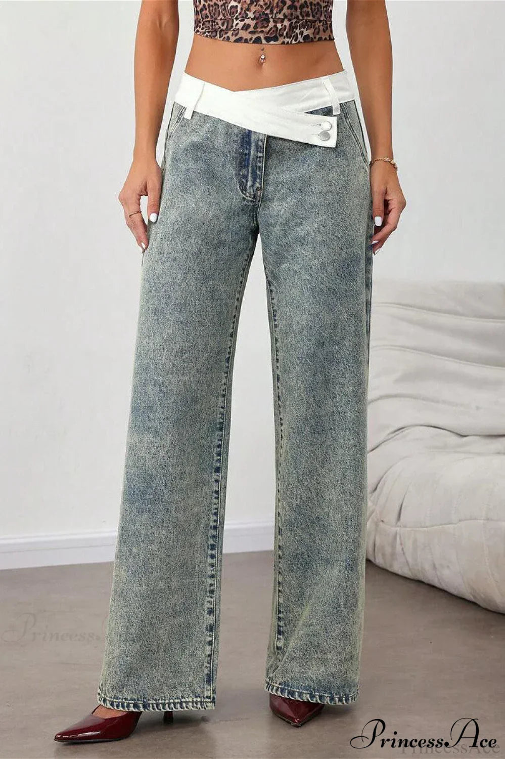 Washed Waist Panel Loose Wide Leg Versatile Jeans