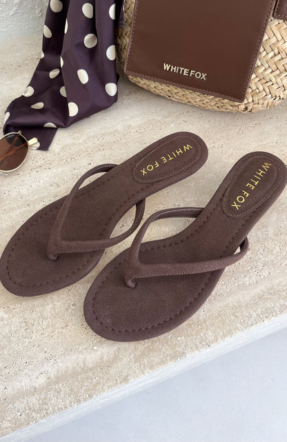Orion Thong Kitten Mules Chocolate Faux Suede