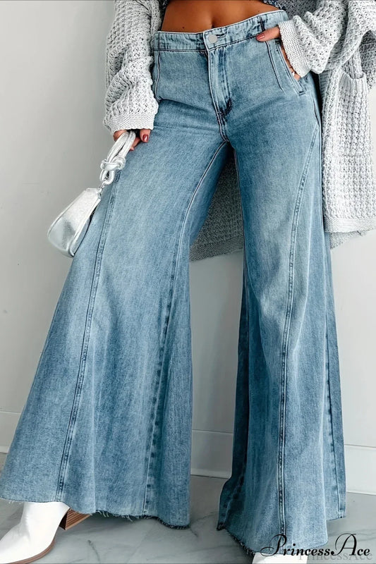 Wide Leg Washed Denim Elegant Simple Jeans